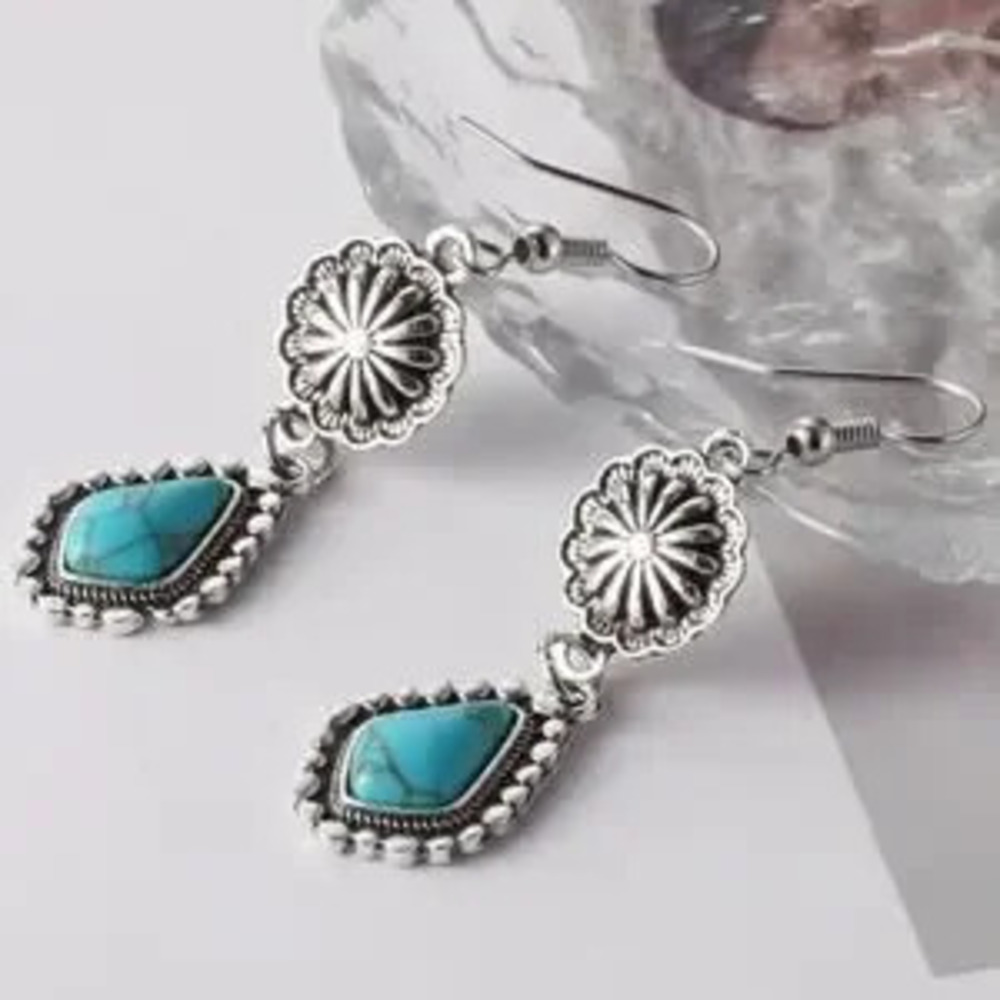 Turquoise Daisy Earrings Teardrop Hook Western Native American Birthday Gift NEW